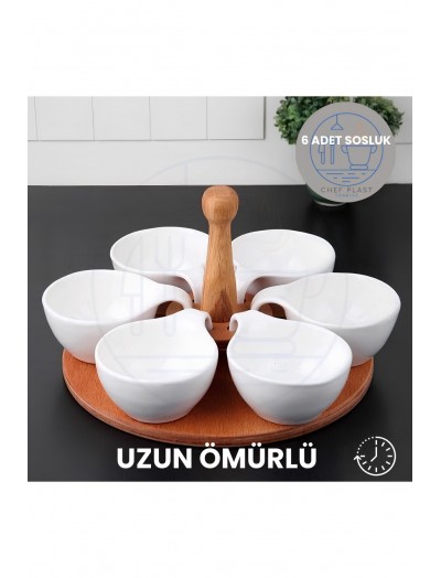 Ahşap Standlı Kulplu 6 Bölmeli 7 Parça Küçük Sosluk Reçellik Kahvaltılık Sunumluk